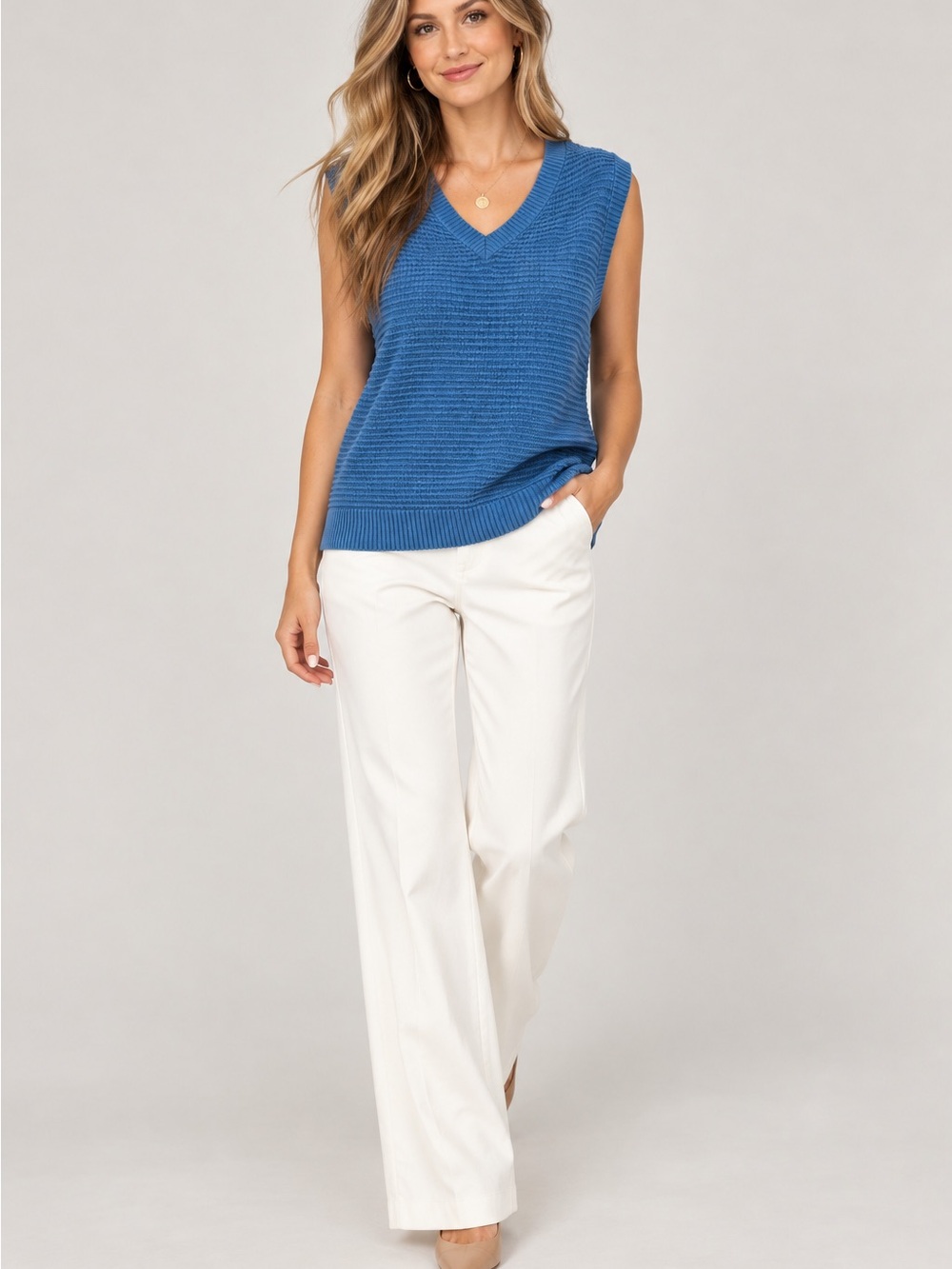 Blue V-Neck Knit Sleeveless Sweater Vest 100% cotton